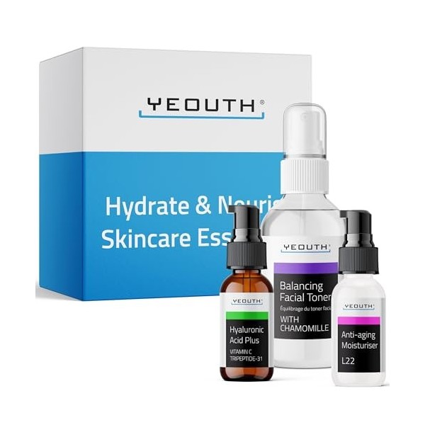 YEOUTH Essentiels Skincare Système,Tonique Equilibrant Visage, Sérum Visage à lAcide Hyaluronique et à la Vitamine C, Hydrat