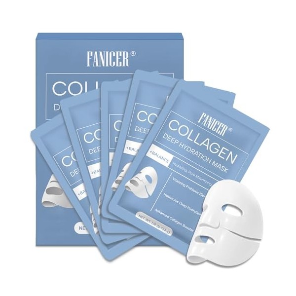 5 Pièces Masque au Collagène, Masque Collagene Hydratant et Raffermissant, Hydratant et Apaisant, Améliore l’Élasticité et l’