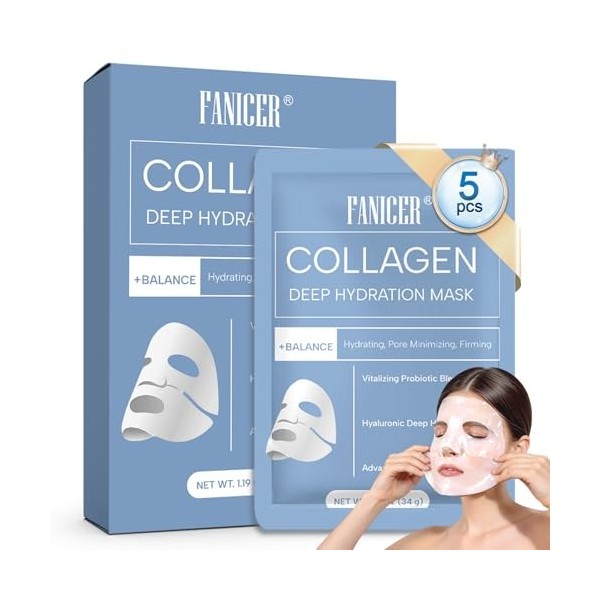 5 Pièces Masque au Collagène, Masque Collagene Hydratant et Raffermissant, Hydratant et Apaisant, Améliore l’Élasticité et l’