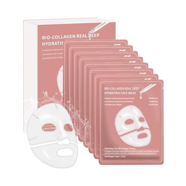 8PCS Bio-Collagen Real Deep Mask, Masque Collagene Visage Korean, Anti-rides et Lifting Bio Collagen Mask, Hydratation en Pro