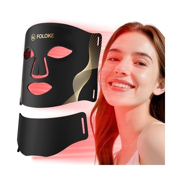 FOLOKE Masque LED de Luminothérapie Visage et Cou, LED à Lumière Rouge et Infrarouge, Masque Facial LED pour Soin du Visage à