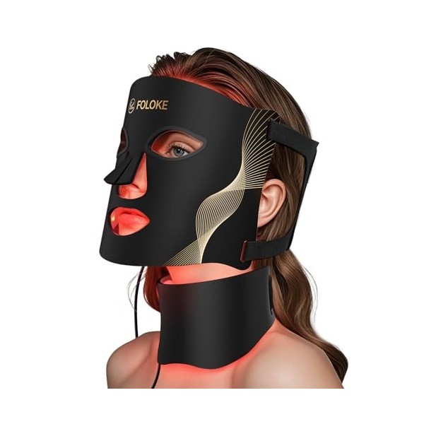 FOLOKE Masque LED de Luminothérapie Visage et Cou, LED à Lumière Rouge et Infrarouge, Masque Facial LED pour Soin du Visage à
