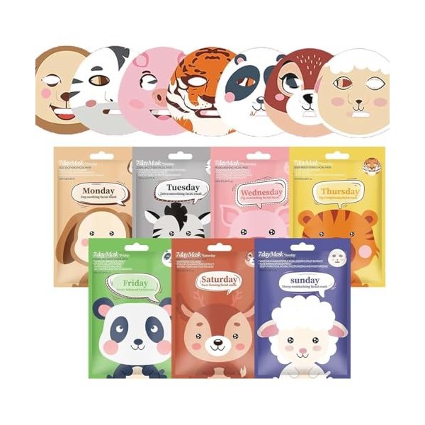 JAWUZ 7 Pièces Masque Tissu Visage,Masque Visage Enfant,Masque Hydratant Visage,Masque Visage Femme Avec Imprimé Animalier,Ma