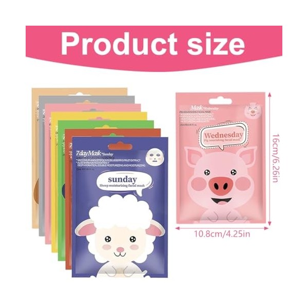 JAWUZ 7 Pièces Masque Tissu Visage,Masque Visage Enfant,Masque Hydratant Visage,Masque Visage Femme Avec Imprimé Animalier,Ma