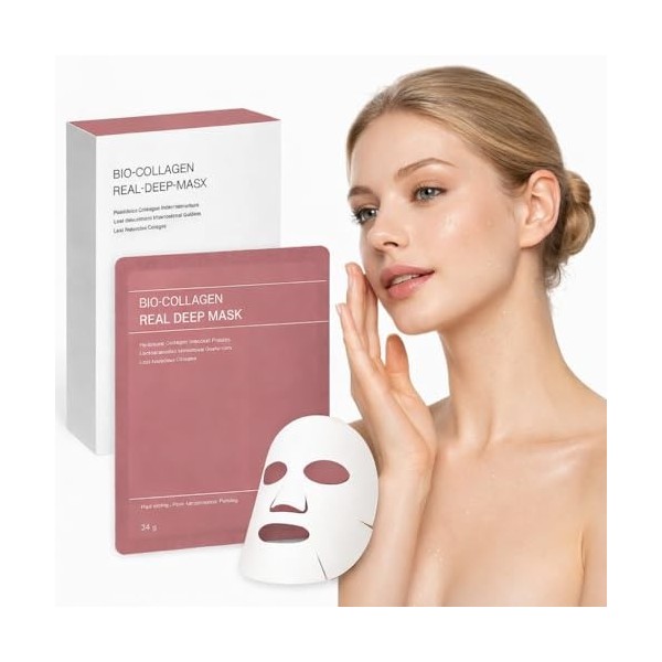 Masque Collagene Visage – 5 Pièces Masque Bio-Collagen Mask Masques Hydrogel Coréens Hydratants & Anti-Âge – Raffermit la Pea