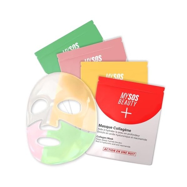 Pack de 4 Masques Collagène My SOS Beauty - Pack Découverte - 4 x 40g - Collagène, Bakuchiol, Centella Asiatica & Vitamine C 