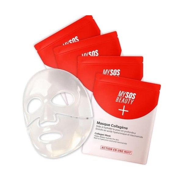 Pack de 4 Masques Collagène My SOS Beauty - Pack Découverte - 4 x 40g - Collagène, Bakuchiol, Centella Asiatica & Vitamine C 