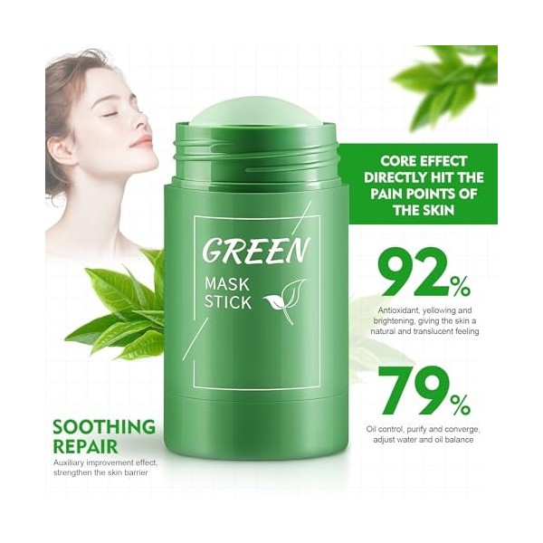 Masque au Thé Vert en Stick 2 Pièces, Masque à lArgile Verte Purifiant, Purifiant & Anti-Points Noirs, Contrôle la Brillianc