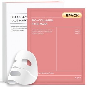 Masque Collagene Visage, Bio Collagen Face Mask 5 Pièces, Hydratant Anti-âge, Resserre les Pores, Améliore Lélasticité de la