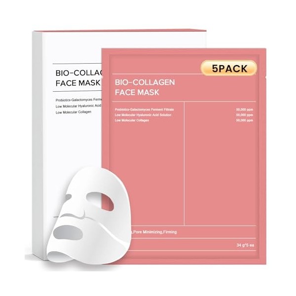 Masque Collagene Visage, Bio Collagen Face Mask 5 Pièces, Hydratant Anti-âge, Resserre les Pores, Améliore Lélasticité de la