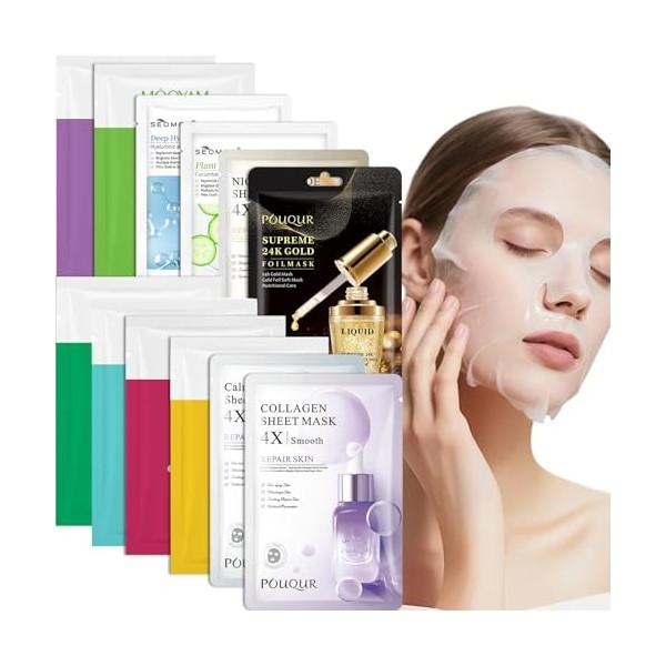 12 Pièces Masques Tissus Hydratants, Masque Visage,Soins pour le Visage,Pour une Peau Éclatante,Amélioration de lÉlasticité,