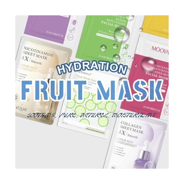12 Pièces Masques Tissus Hydratants, Masque Visage,Soins pour le Visage,Pour une Peau Éclatante,Amélioration de lÉlasticité,