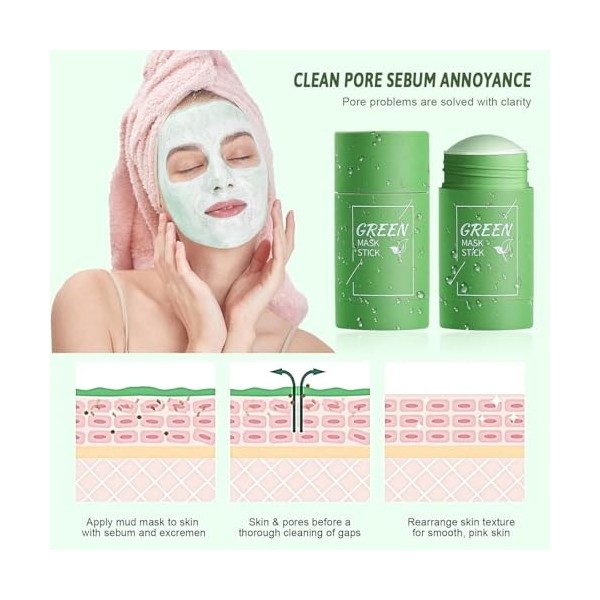 2 Pièce Green Masque Nettoyant, Masque Solide Stick, Green Masques Stick, Nettoie en Profondeur les Pores, Hydratant Efficace