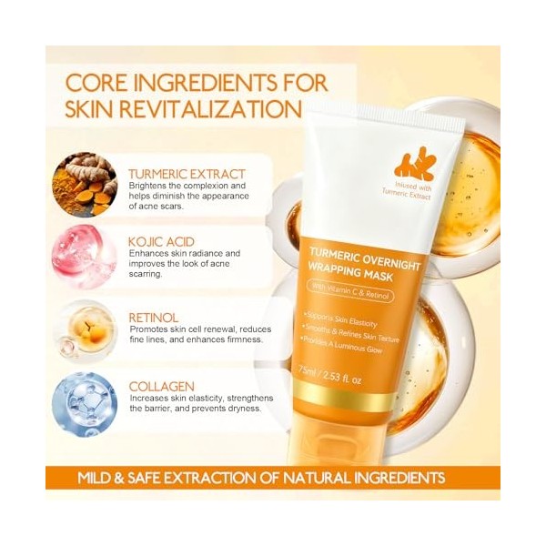 Masque Visage de Nuit Au Curcuma 75ml avec Collagène,Masque Collagene Peel-Off À L’Acide Kojique et Au Rétinol,Soin Visage Hy...