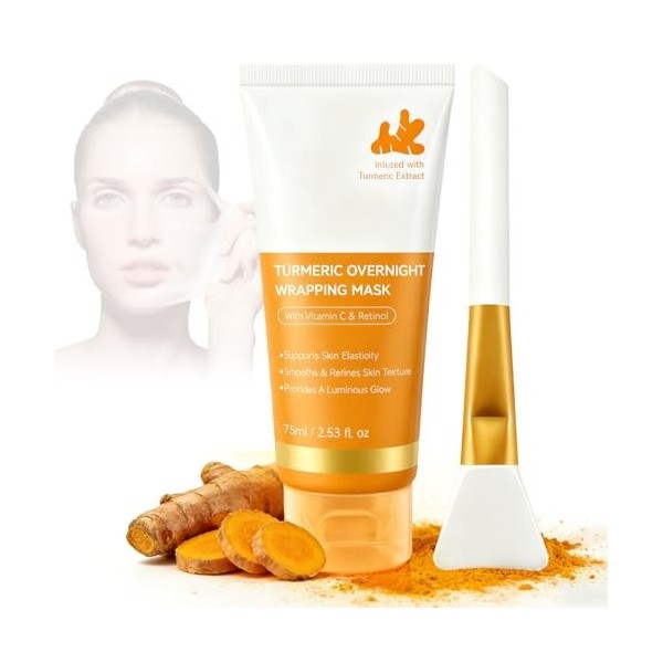 Masque Visage de Nuit Au Curcuma 75ml avec Collagène,Masque Collagene Peel-Off À L’Acide Kojique et Au Rétinol,Soin Visage Hy...
