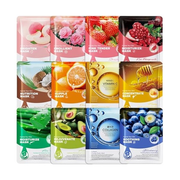 12 Pièces Masques 25ML Visage, Soin Coréen pour le Visage Hydratant Nourrissants, Hydratants & Apaisants, Masques Visage De B