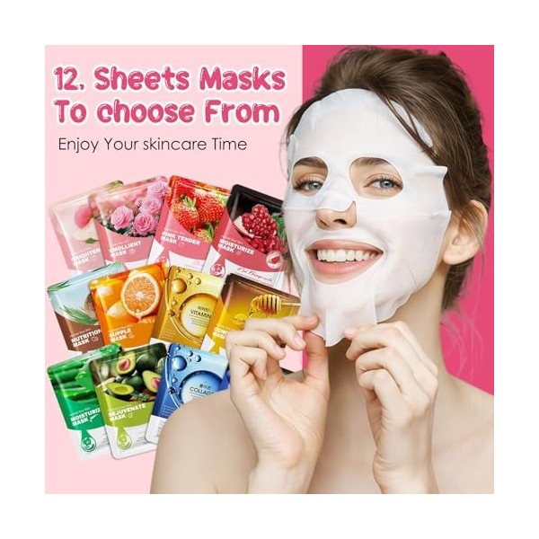 12 Pièces Masques 25ML Visage, Soin Coréen pour le Visage Hydratant Nourrissants, Hydratants & Apaisants, Masques Visage De B