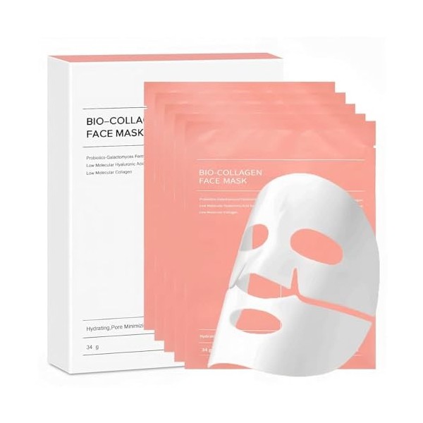 YZ&YL Masque Collagene Visage, 5 Pièces, Bio Collagen Face Mask, Ultra Hydratant, Resserre les Pores, Anti-âge Masque Collagè