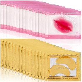 15 Paires Patch Yeux Collagène or 24k & 15 Pcs Masque pour Les Lèvres en Cristal, Masque pour Les Yeux Contre les Cernes Poch