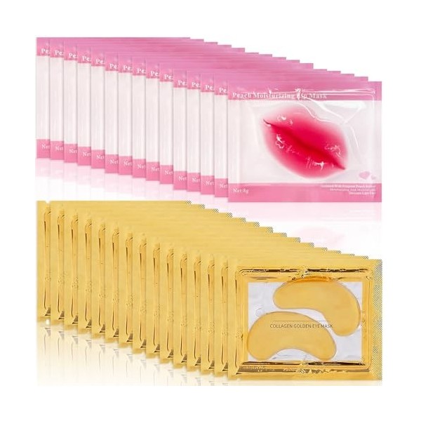 15 Paires Patch Yeux Collagène or 24k & 15 Pcs Masque pour Les Lèvres en Cristal, Masque pour Les Yeux Contre les Cernes Poch