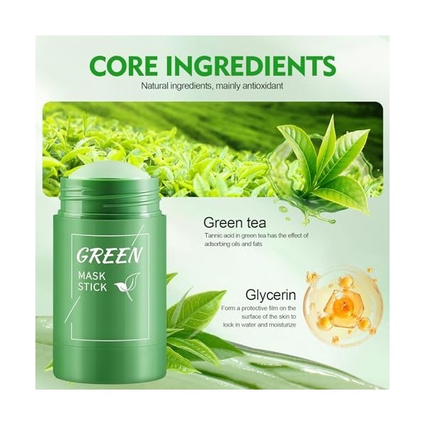 2 pièces Green Tea Mask Stick,Masque Visage Thé Vert Point Noir,Nettoyage en Profondeur,Réduit les Pores,Contrôle du Sébum,So...