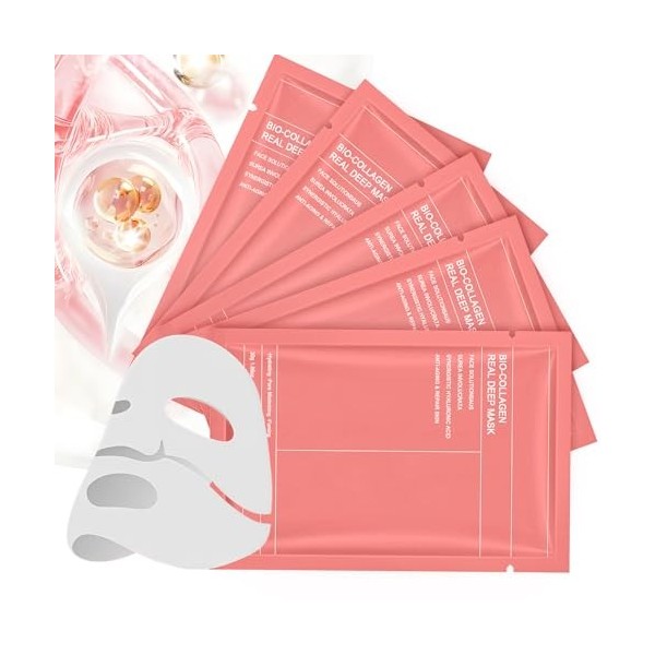 Masque au Collagène, 5 Pièces Soin Hydratant Ultra-Concentré Masque Hydratant Nuit Profond, Réduit les Rides et Resserre les ...
