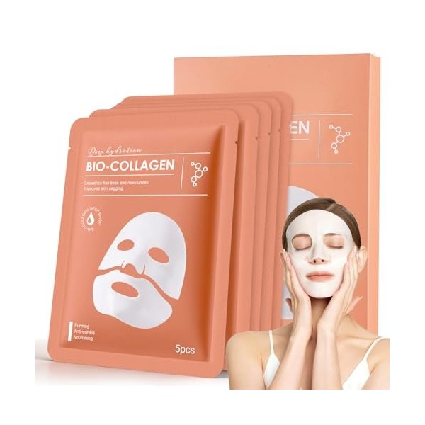 Masque au Collagène, 5 Pièces Soin Hydratant Ultra-Concentré Masque Hydratant Nuit Profond, Réduit les Rides et Resserre les ...