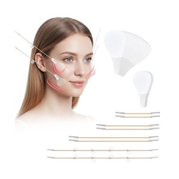 Kit de Bandes de Lifting, 80 Patchs Invisibles + 4 Élastiques,face lift tape lift visage, scotch visage lifting invisible, Cr...