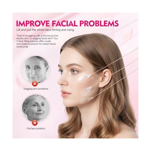 Kit de Bandes de Lifting, 80 Patchs Invisibles + 4 Élastiques,face lift tape lift visage, scotch visage lifting invisible, Cr...