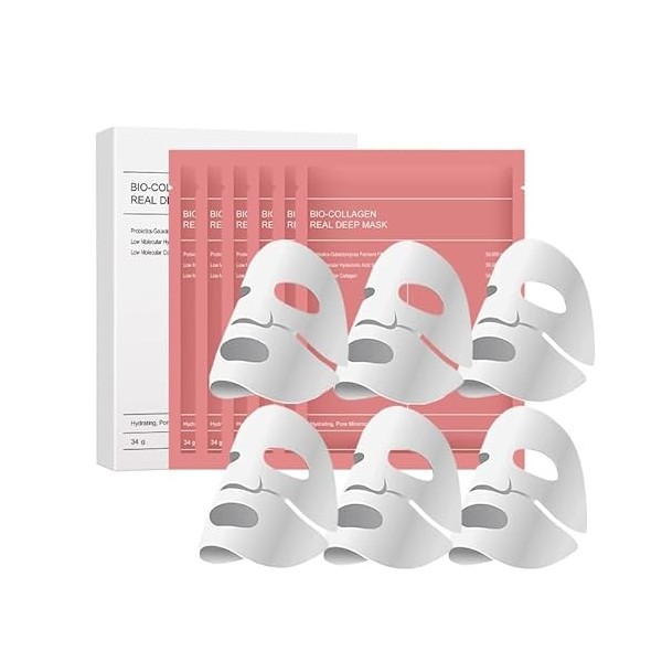 Masque Collagene Visage, 6 Pièces Bio Collagen Face Mask，hydratation en profondeur, réduit les rides, soin de la peau du visa
