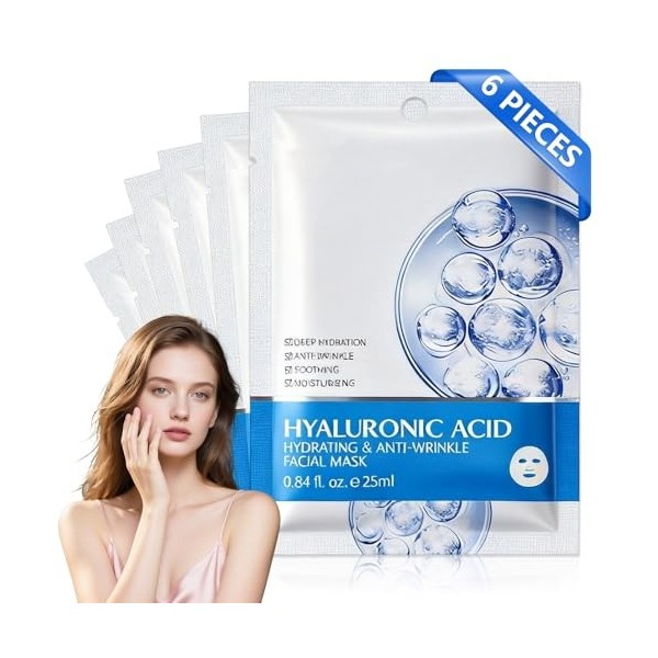 6 PièCes Masque Visage Avec Acide Hyaluronique, Masque Visage Hydratant, Masque Hydratant & Anti-âGe, Raffermit La Peau, Ress