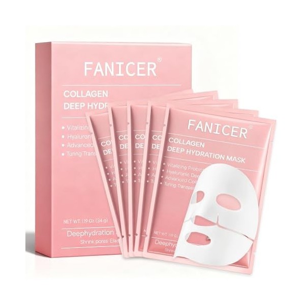 5 pièces Collagen Profond Masque Visage, Masque Hydrogel, Tous Types de Peau,Hydratant, Apaisant, Nourrissant, Real Deep Mask