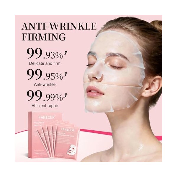 5 pièces Collagen Profond Masque Visage, Masque Hydrogel, Tous Types de Peau,Hydratant, Apaisant, Nourrissant, Real Deep Mask