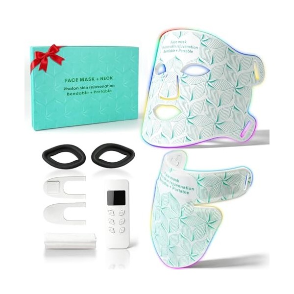 Masque LED Luminothérapie pour Visage & Cou 8 Couleurs,Masque Visage Lumière Rouge et Infrarouge,LED Face Mask Silicone,Anti-...
