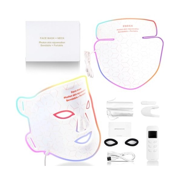 Masque LED Luminothérapie pour Visage & Cou 8 Couleurs,Masque Visage Lumière Rouge et Infrarouge,LED Face Mask Silicone,Anti-...