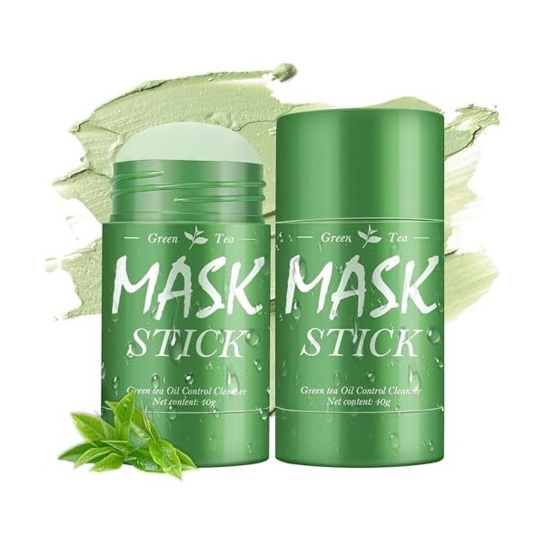2 Pièces Masque Stick au Thé Vert,Masque Visage Purifiant à lArgile Verte, Nettoyage Profond, Élimination des Points Noirs, 