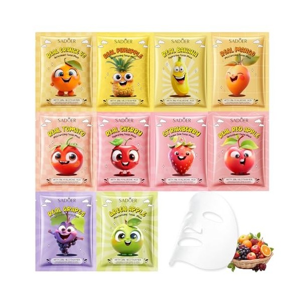 10 Masques en Feuille, Soin Coréen pour le Visage avec Ingrédients Naturels,Masque Visage Hydratant aux Extraits de Fruits et...