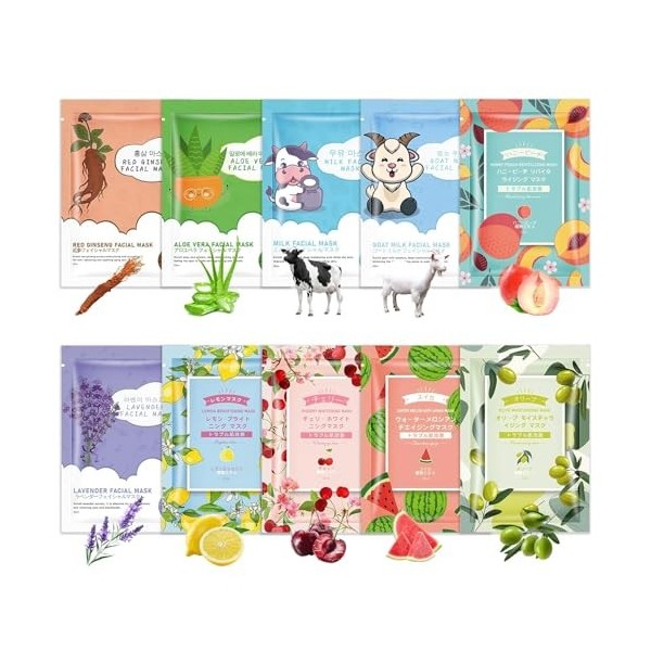 10 Masques en Feuille, Soin Coréen pour le Visage avec Ingrédients Naturels,Masque Visage Hydratant aux Extraits de Fruits et...