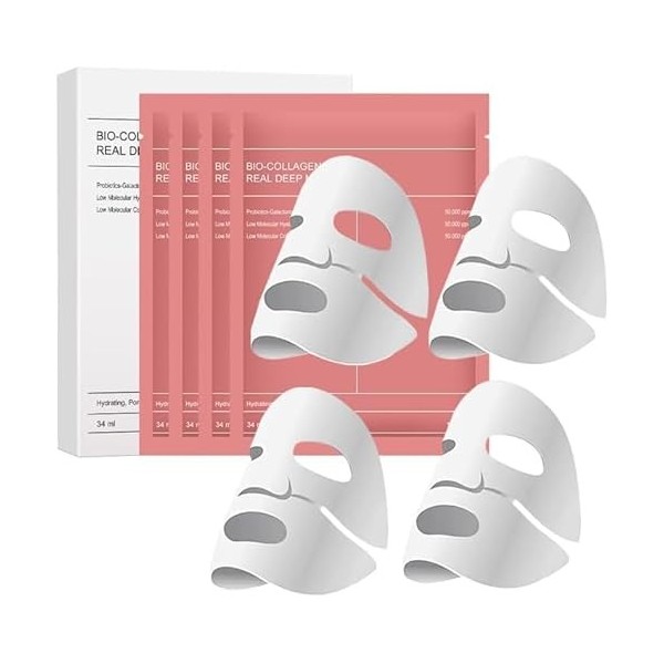 Masque Collagene Visage, 4 Pièces Bio Collagen Face Mask，hydratation en profondeur, réduit les rides, soin de la peau du visa