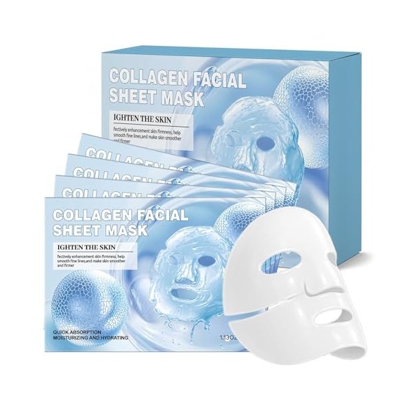 5 Pièces Masques Visage au Collagène,Masque Hydratant Visage Apaisants Soin de la Peau,Mask visage Hydratant pour Hommes et f