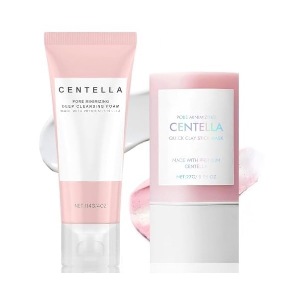 2pcs Centella Skincare Kit, Centella Cleanser et Centella Stick Mask, Nettoie et Resserre les Pores, Hydrate et Nourrit la Pe