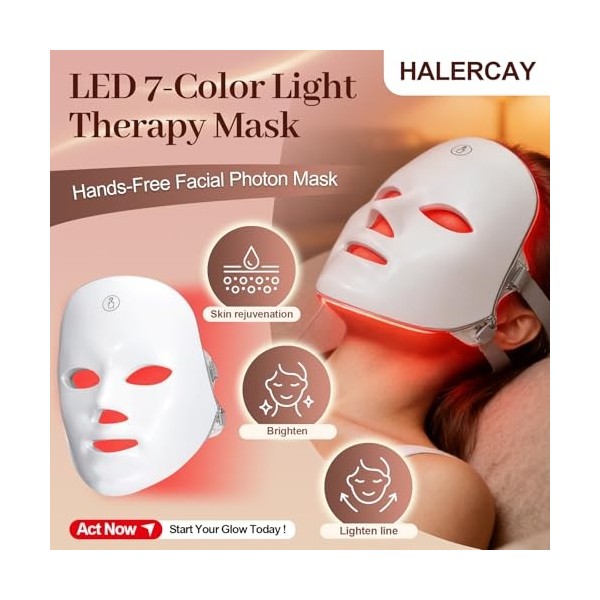 Masque Visage Éclairage Beauté, Soin Visage Portable avec 7 Couleurs, Masque pour Routine de Soins à Domicile et Maquillage,m