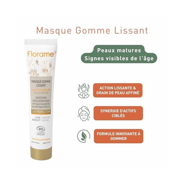 Florame Masque Gomme Lissant Lys Perfection 65 ml – Acides de Fleurs & Lys Blanc Bio – Peau Plus Lisse et Lumineuse – Visage 