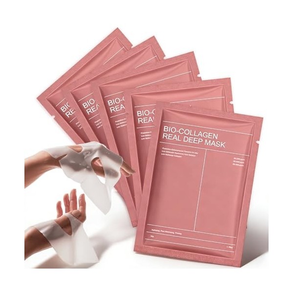 Masque Collagène Visage, 5 Pièces Bio Collagen Real Deep Mask avec Patchs Spécialisés Sillon Nasogénien, Masque de Nuit Hydra...