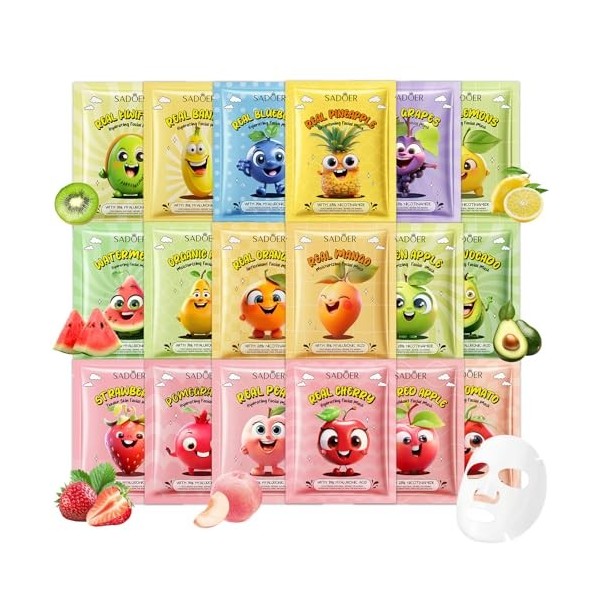 18 Masques en Feuille, Masque visage hydratant aux extraits de fruits et de plantes, Soin Coréen pour le Visage avec Ingrédie...