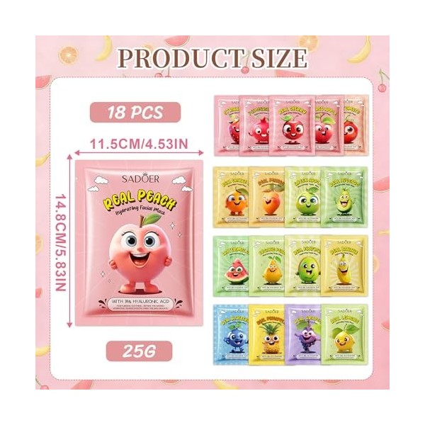 18 Masques en Feuille, Masque visage hydratant aux extraits de fruits et de plantes, Soin Coréen pour le Visage avec Ingrédie...