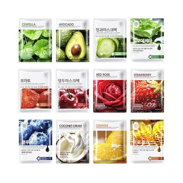 18 Masques en Feuille, Masque visage hydratant aux extraits de fruits et de plantes, Soin Coréen pour le Visage avec Ingrédie...