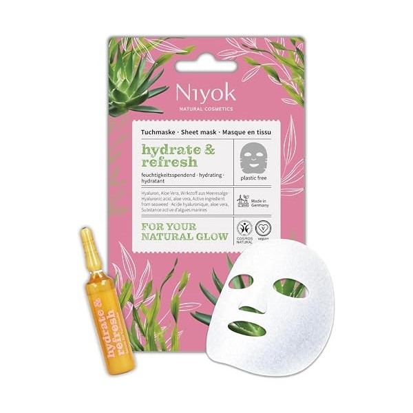 Niyok Masque tissu hydratant – Effet fraîcheur immédiat avec acide hyaluronique & aloe vera Hydrate & Refresh | Masque visage...