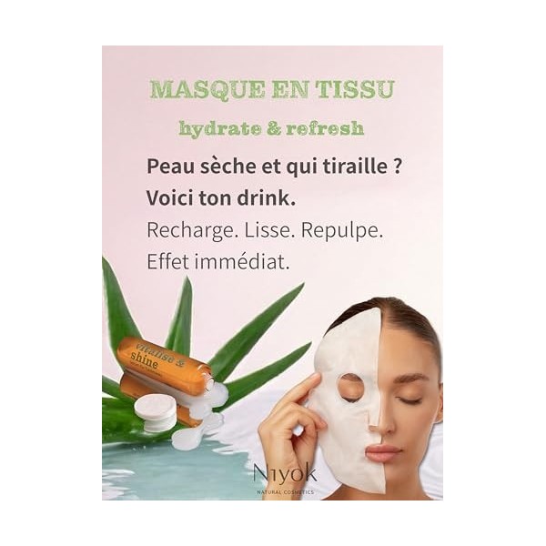 Niyok Masque tissu hydratant – Effet fraîcheur immédiat avec acide hyaluronique & aloe vera Hydrate & Refresh | Masque visage...