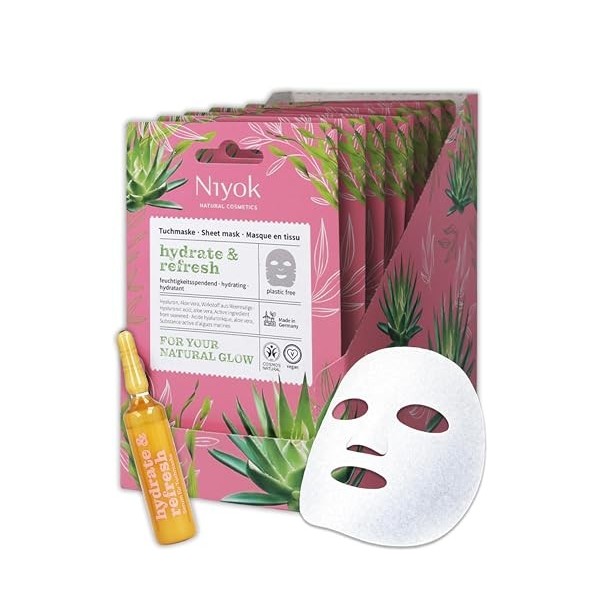 Niyok Masque tissu hydratant – Effet fraîcheur immédiat avec acide hyaluronique & aloe vera Hydrate & Refresh | Masque visage...